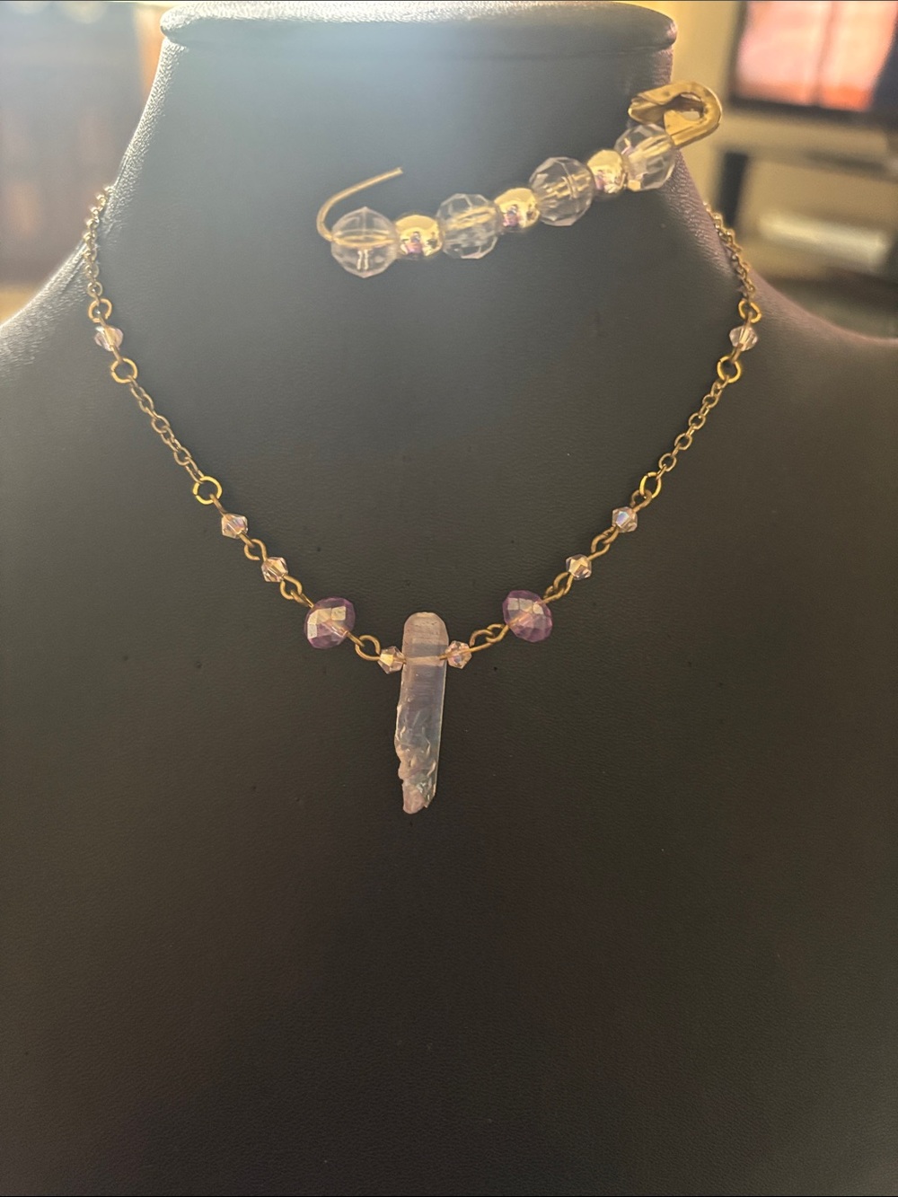 Gold Chain Necklace with Pink Crystal Pendant by